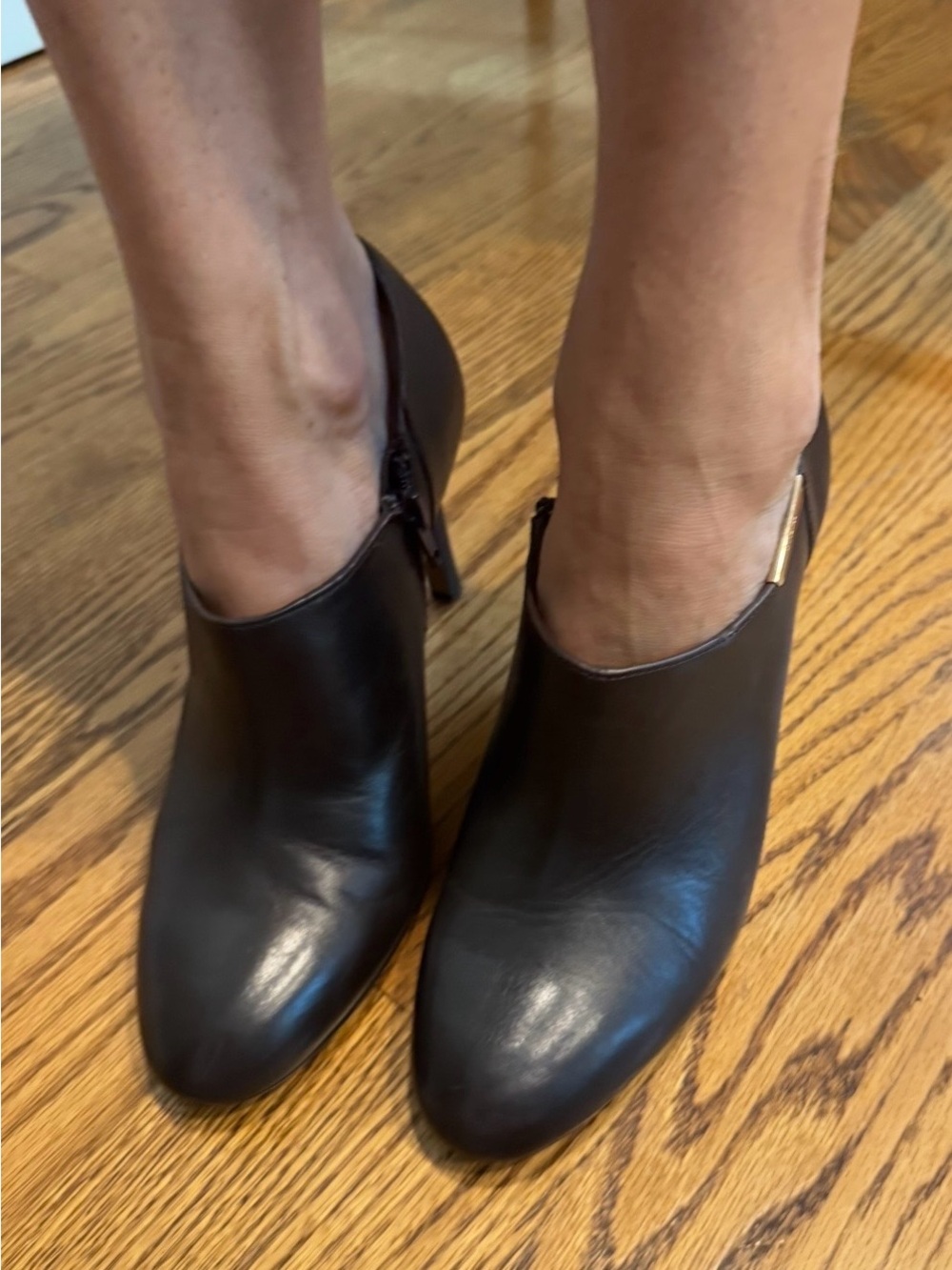 Coach Dark Brown Leather Ankle Booties with Gold Accent - Picture 9 of 12